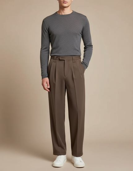 Pantalon Marron Plissé Ample Décontracté Élégant - Gabardine