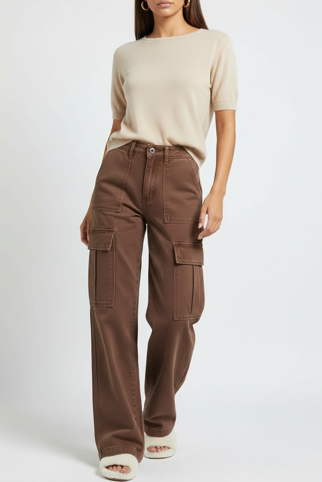 Pantalon Marron Cargo Ample Taille Haute Femme - Toile