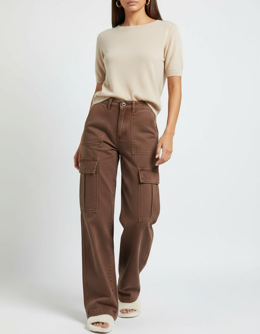 Pantalon Marron Cargo Ample Taille Haute Femme - Toile