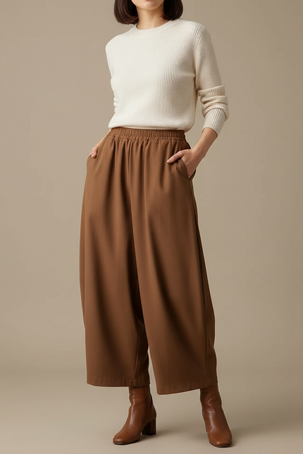 Pantalon Marron Ample Fluide Décontracté Confortable - Polyester