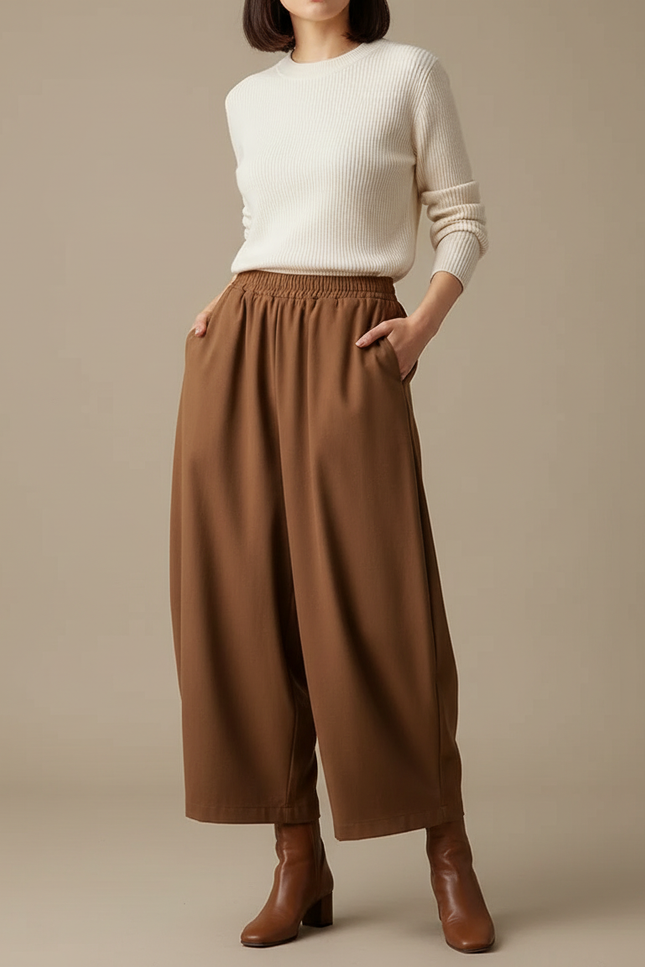 Pantalon Marron Ample Fluide Décontracté Confortable - Polyester