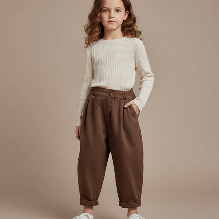 Pantalon Marron Ample Plissé Enfant Décontracté Confortable - Molleton