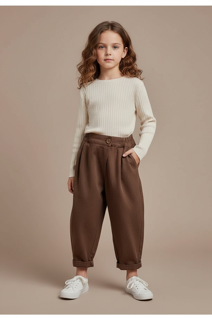 Pantalon Marron Ample Plissé Enfant Décontracté Confortable - Molleton