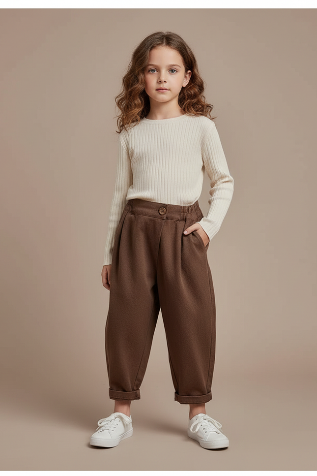 Pantalon Marron Ample Plissé Enfant Décontracté Confortable - Molleton