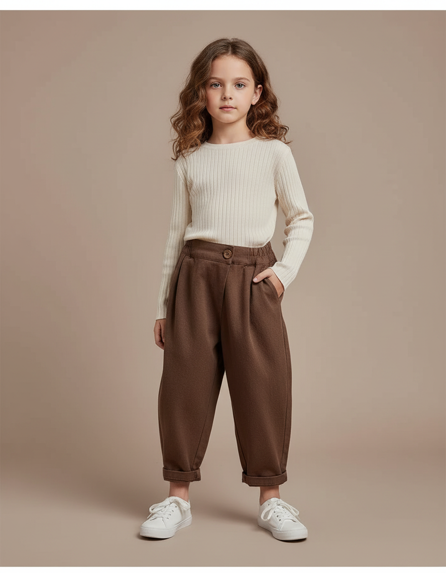 Pantalon Marron Ample Plissé Enfant Décontracté Confortable - Molleton