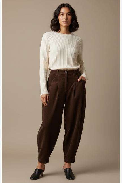 Pantalon Marron Côtelé Ample Plissé Décontracté Femme - Cordé