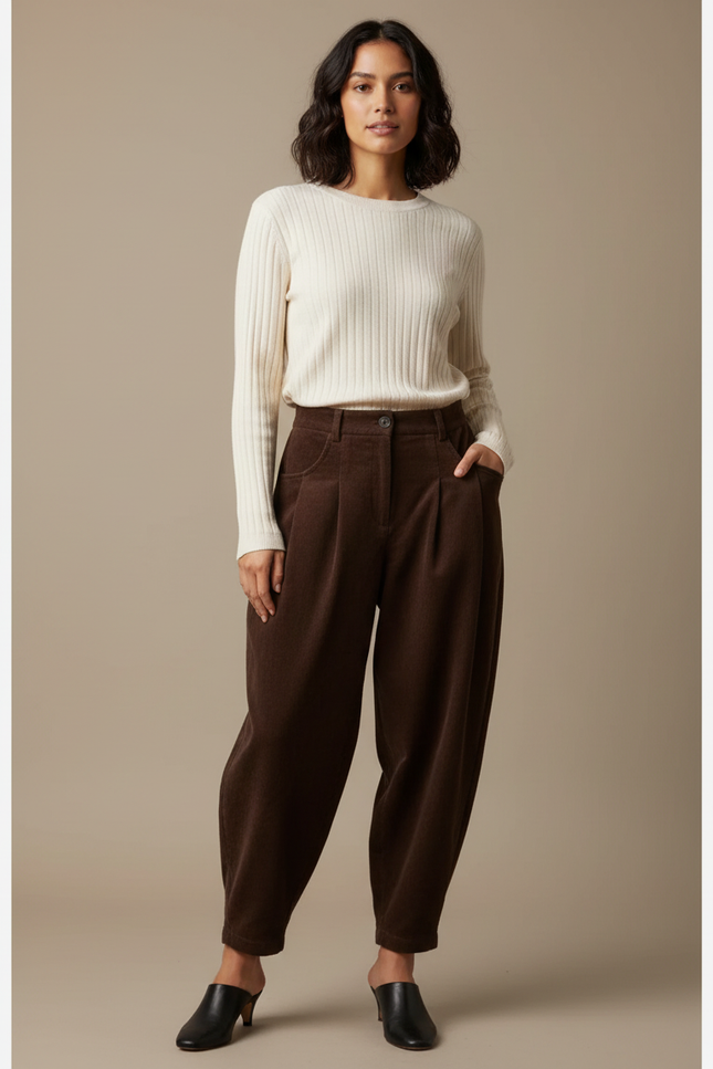 Pantalon Marron Côtelé Ample Plissé Décontracté Femme - Cordé