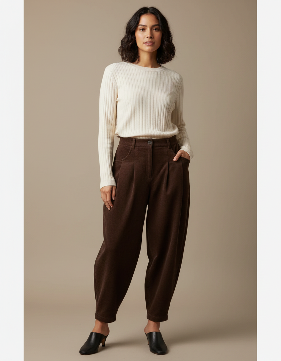 Pantalon Marron Côtelé Ample Plissé Décontracté Femme - Cordé