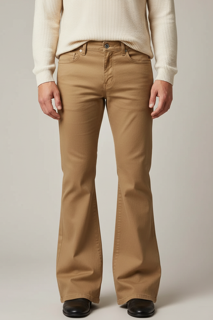 Pantalon Marron Évasé Vintage Extensible Homme - Camel Gabardine