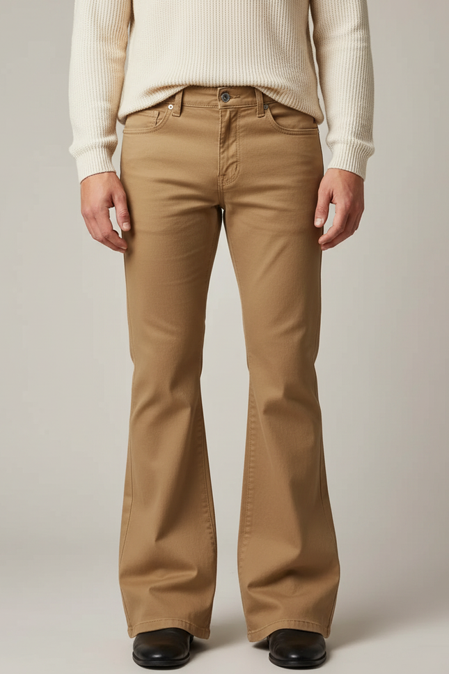 Pantalon Marron Évasé Vintage Extensible Homme - Camel Gabardine