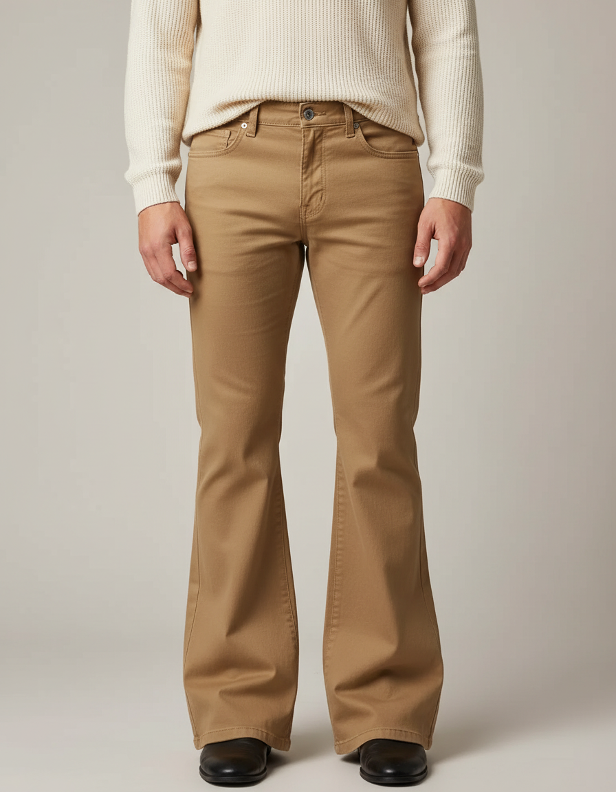 Pantalon Marron Évasé Vintage Extensible Homme - Camel Gabardine