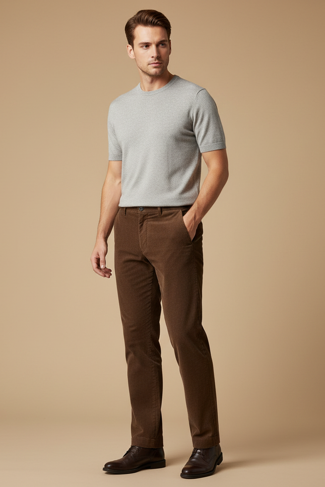 Pantalon Marron Côtelé Coupe Droite Décontracté Homme - Cordé