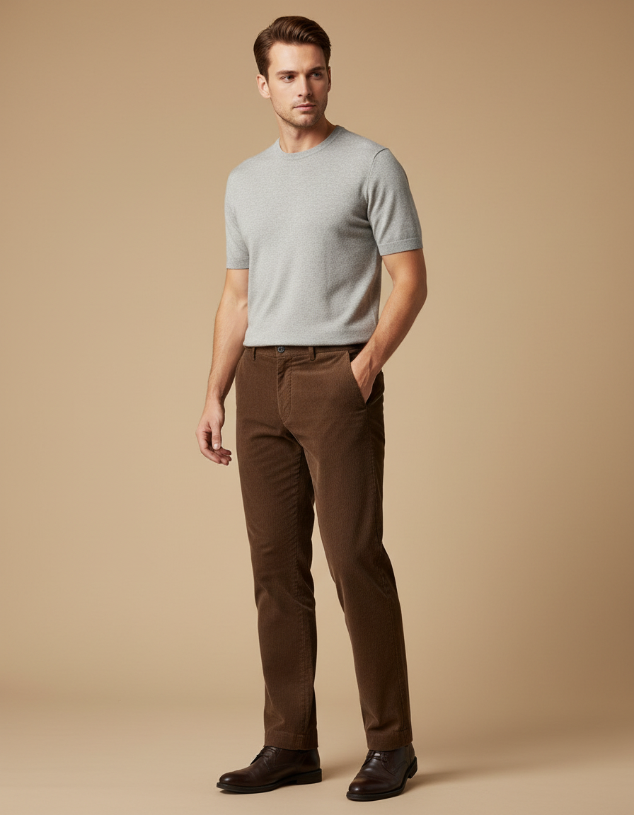 Pantalon Marron Côtelé Coupe Droite Décontracté Homme - Cordé