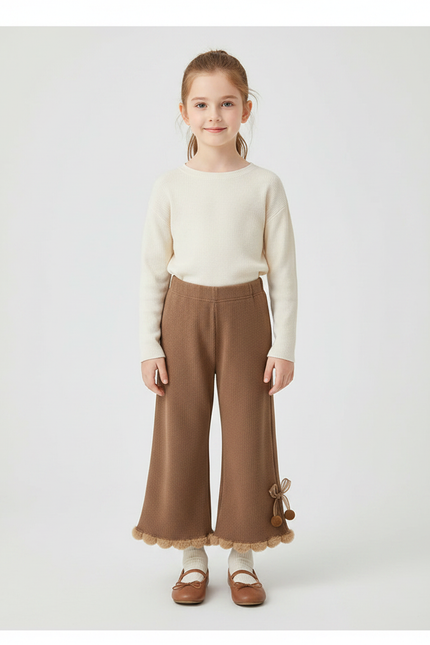 Pantalon Marron Tricoté Évasé Pompons Volants Fille - Maille