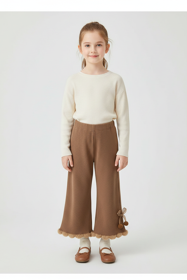 Pantalon Marron Tricoté Évasé Pompons Volants Fille - Maille