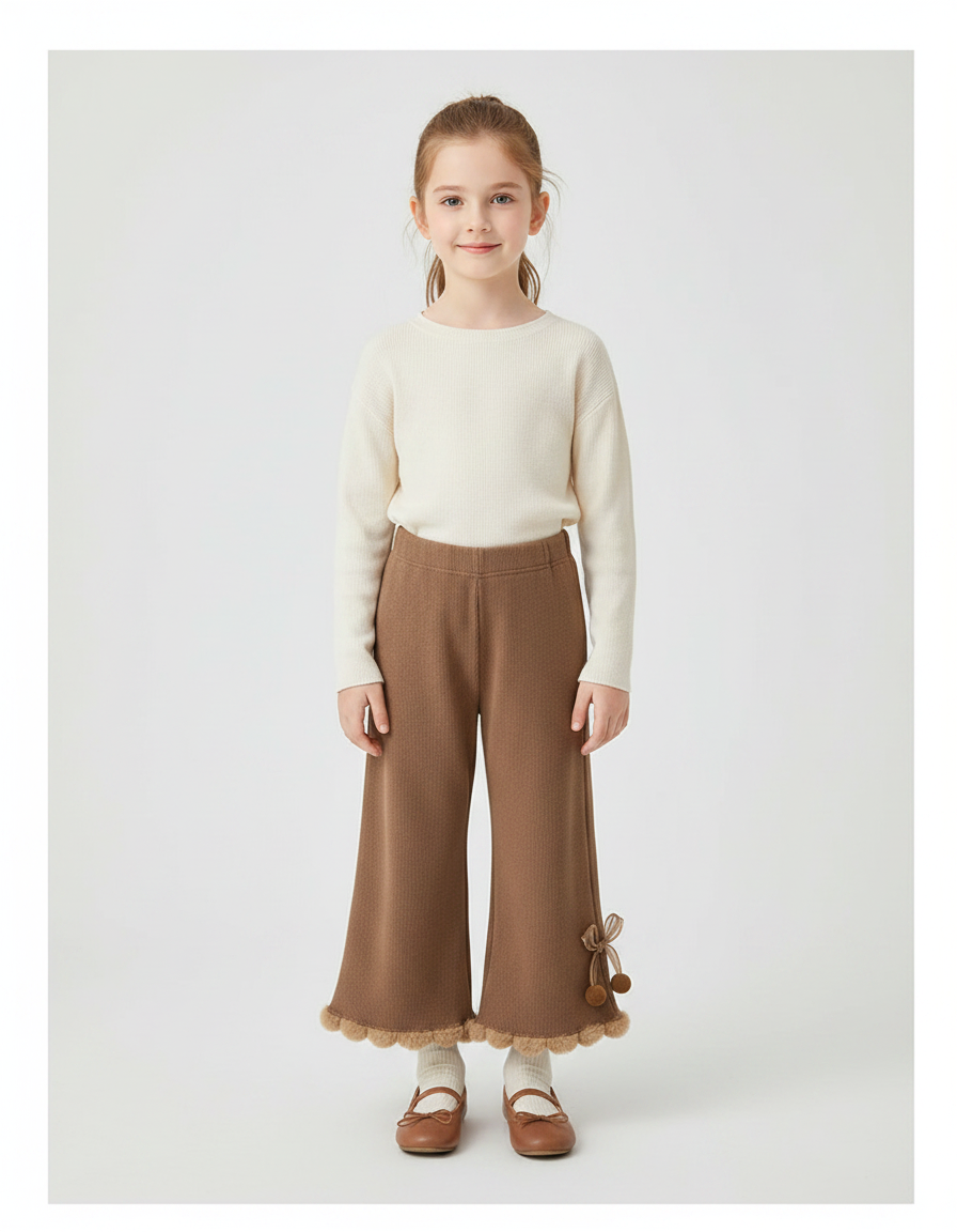 Pantalon Marron Tricoté Évasé Pompons Volants Fille - Maille