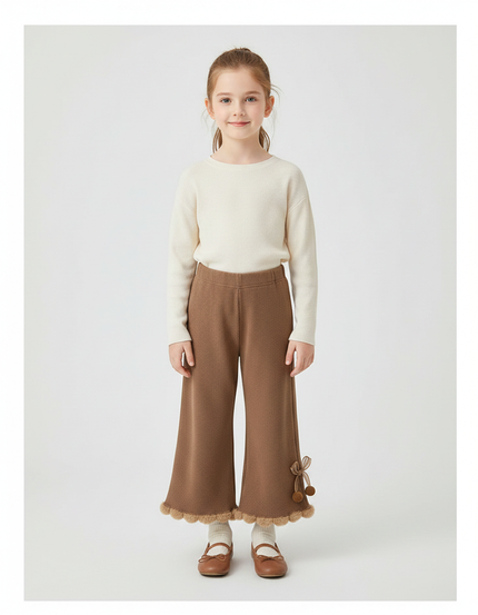 Pantalon Marron Tricoté Évasé Pompons Volants Fille - Maille