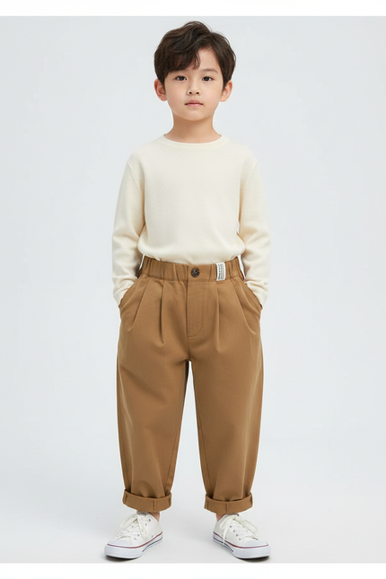 Pantalon Marron Ample Coton Plissé Décontracté Enfant - Gabardine