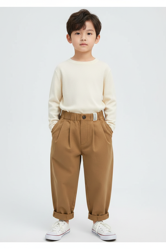 Pantalon Marron Ample Coton Plissé Décontracté Enfant - Gabardine