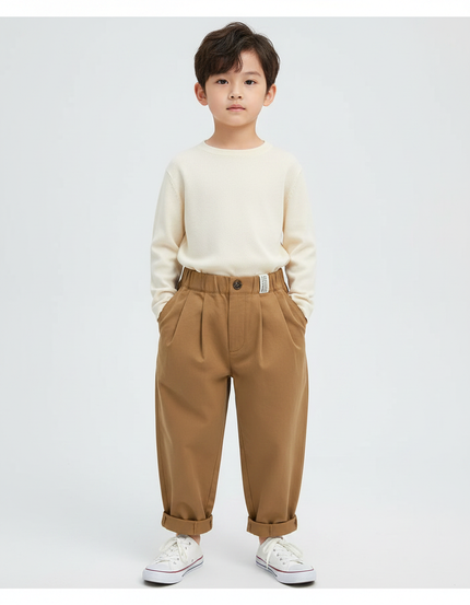 Pantalon Marron Ample Coton Plissé Décontracté Enfant - Gabardine