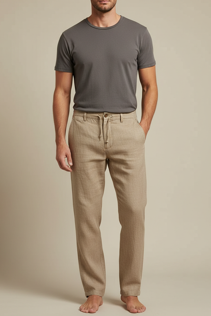 Pantalon Marron Lin Ample Décontracté Léger Homme