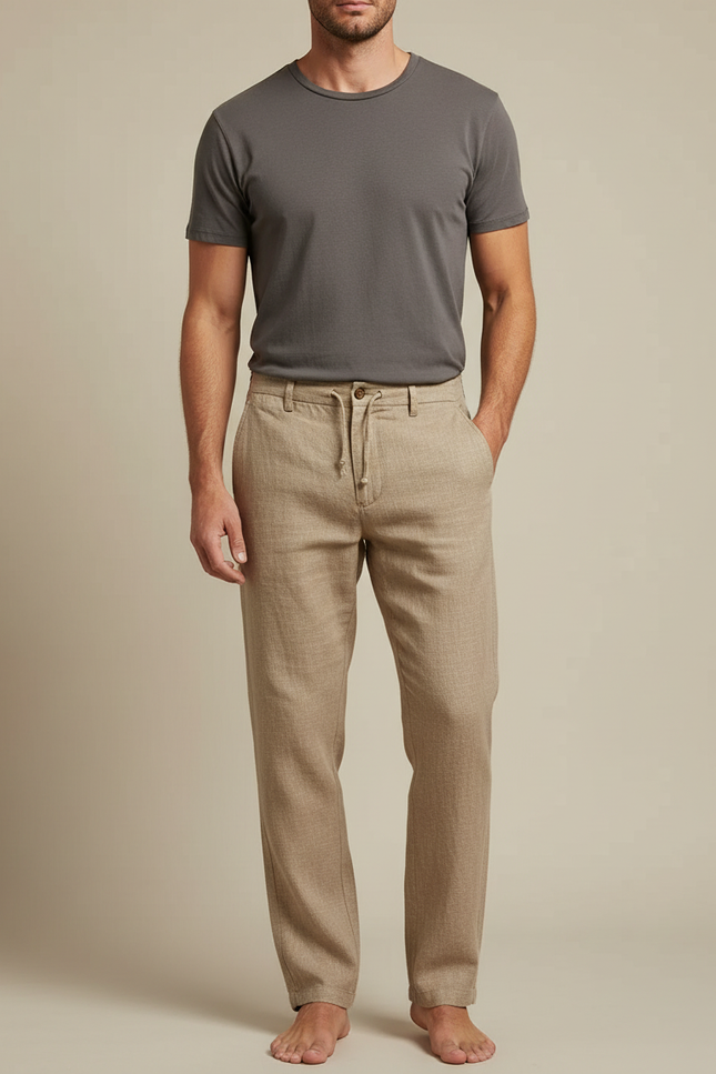 Pantalon Marron Lin Ample Décontracté Léger Homme