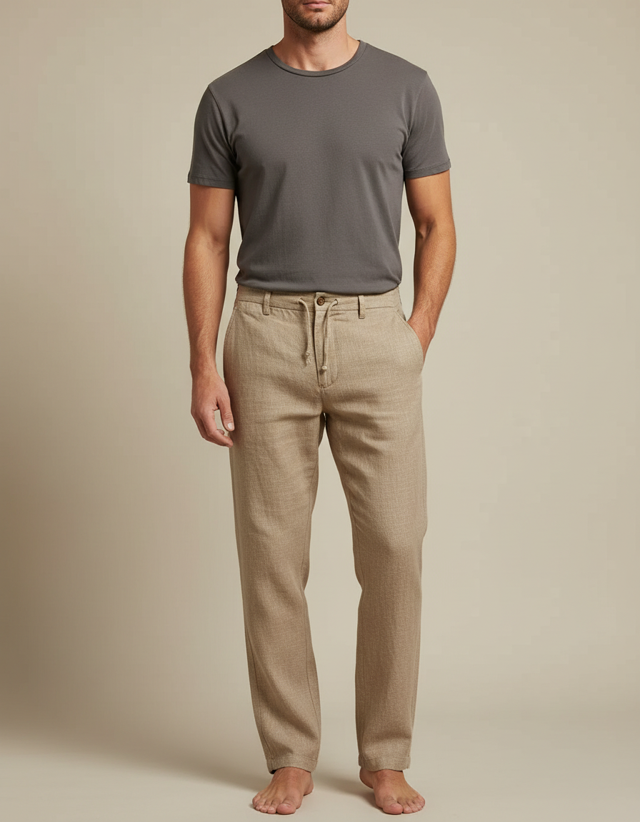 Pantalon Marron Lin Ample Décontracté Léger Homme
