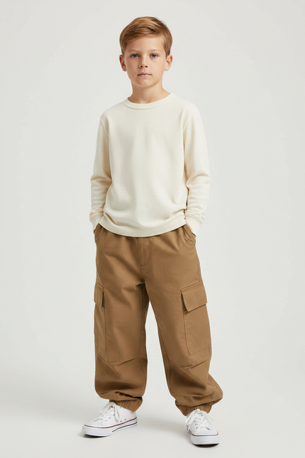Pantalon Marron Cargo Ample Coton Élastiqué Garçon