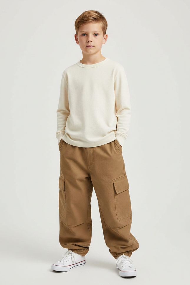 Pantalon Marron Cargo Ample Coton Élastiqué Garçon