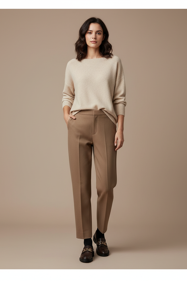 Pantalon Marron Laine Droit Chic Femme Élégant - Gabardine