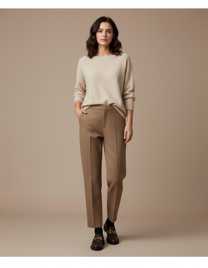 Pantalon Marron Laine Droit Chic Femme Élégant - Gabardine