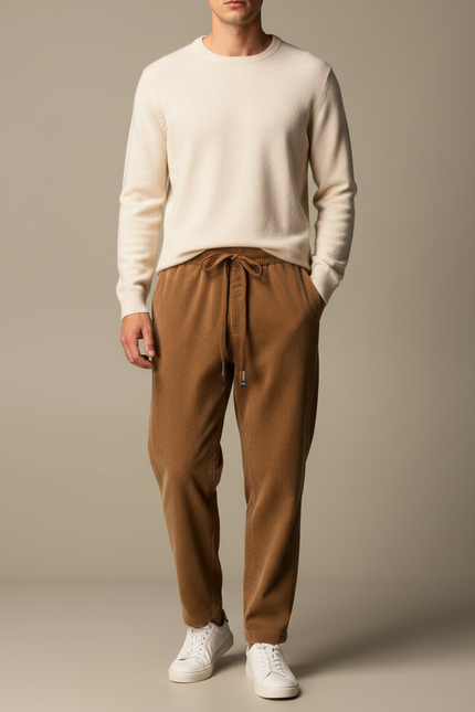 Pantalon Marron Côtelé Ample Cordon Décontracté Homme - Cordé