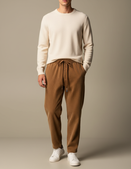 Pantalon Marron Côtelé Ample Cordon Décontracté Homme - Cordé