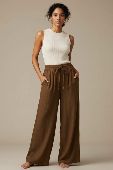 Pantalon Marron Lin Ample Cordon Femme Décontracté