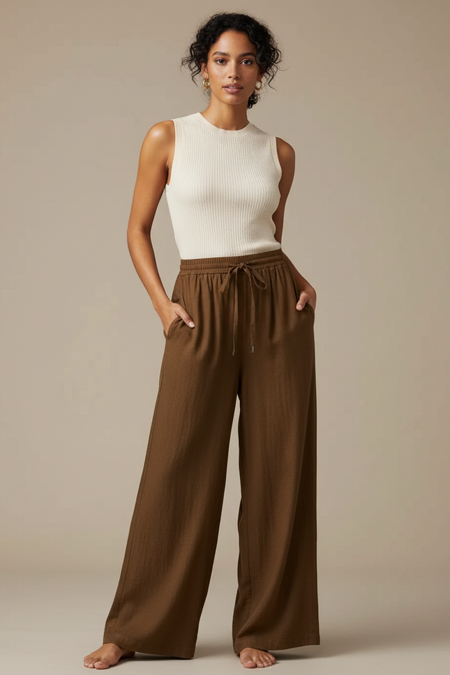 Pantalon Marron Lin Ample Cordon Femme Décontracté