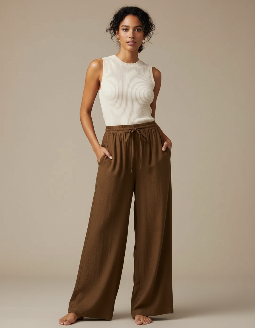 Pantalon Marron Lin Ample Cordon Femme Décontracté