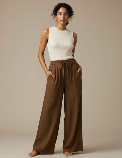 Pantalon Marron Lin Ample Cordon Femme Décontracté