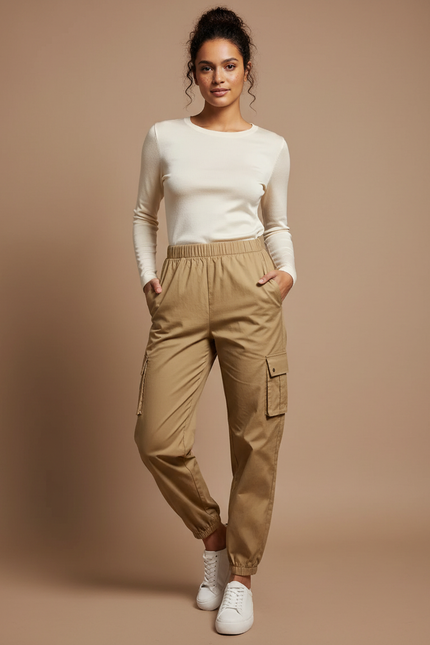Pantalon Marron Cargo Décontracté Taille Haute Femme - Kaki Toile