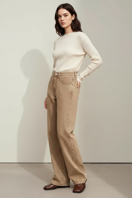 Pantalon Marron Denim Ample Droit Rétro Femme - Camel Jean