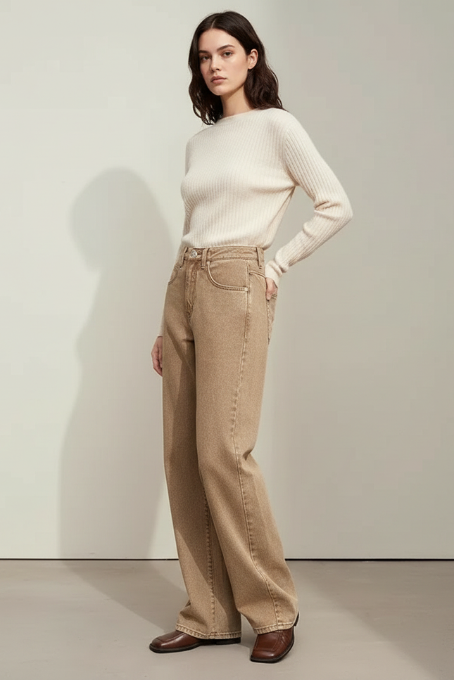 Pantalon Marron Denim Ample Droit Rétro Femme - Camel Jean
