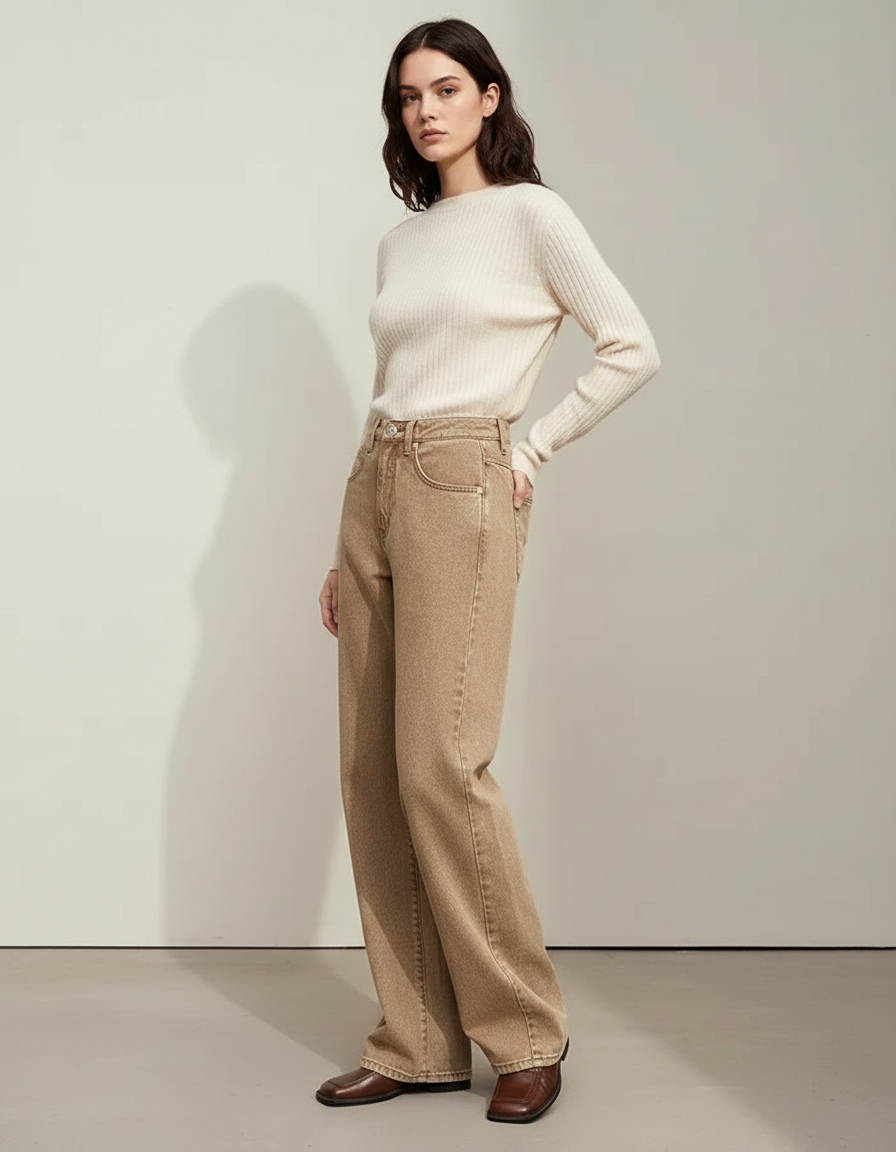 Pantalon Marron Denim Ample Droit Rétro Femme - Camel Jean