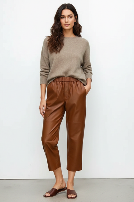Pantalon Marron Cuir Ample Taille Élastique Femme