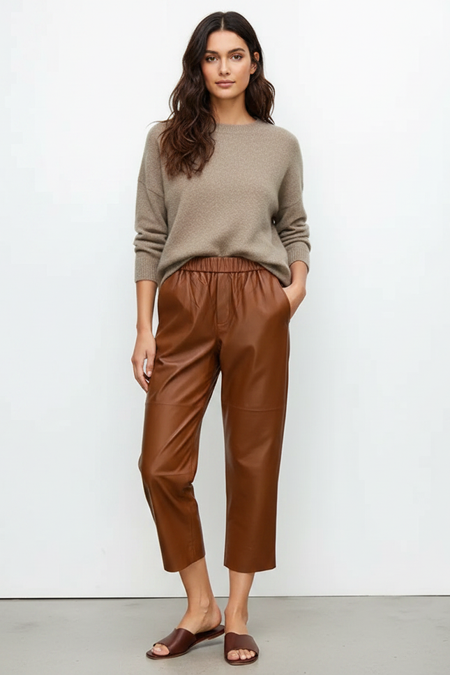 Pantalon Marron Cuir Ample Taille Élastique Femme