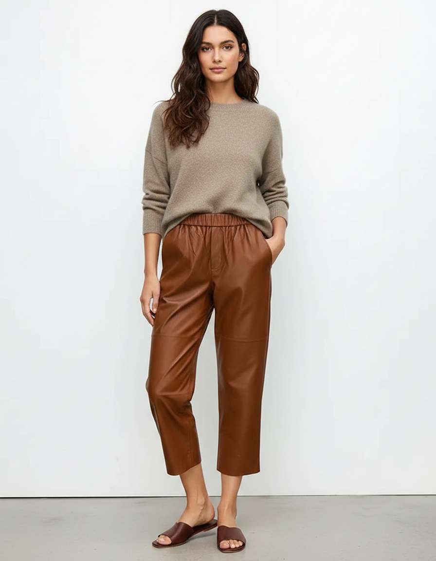 Pantalon Marron Cuir Ample Taille Élastique Femme