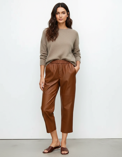 Pantalon Marron Cuir Ample Taille Élastique Femme