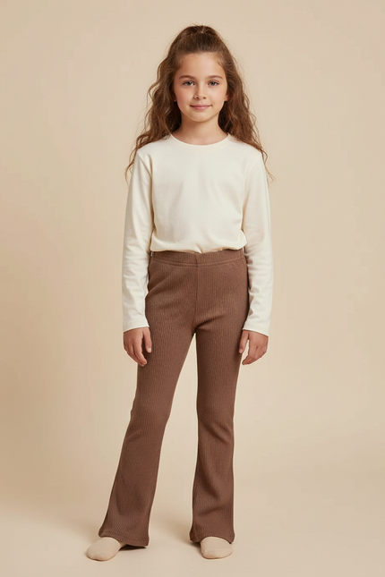 Pantalon Marron Côtelé Évasé Slim Élastique Fille - Maille