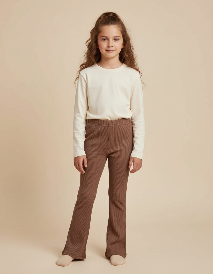 Pantalon Marron Côtelé Évasé Slim Élastique Fille - Maille