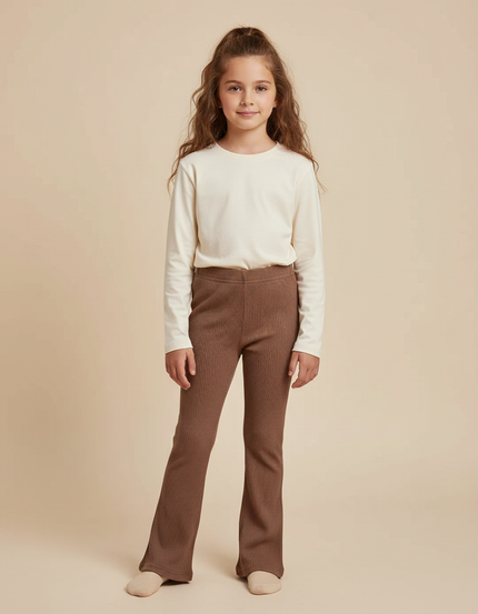 Pantalon Marron Côtelé Évasé Slim Élastique Fille - Maille