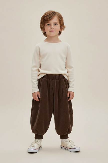 Pantalon Marron Côtelé Hiver Ample Décontracté Enfant - Cordé