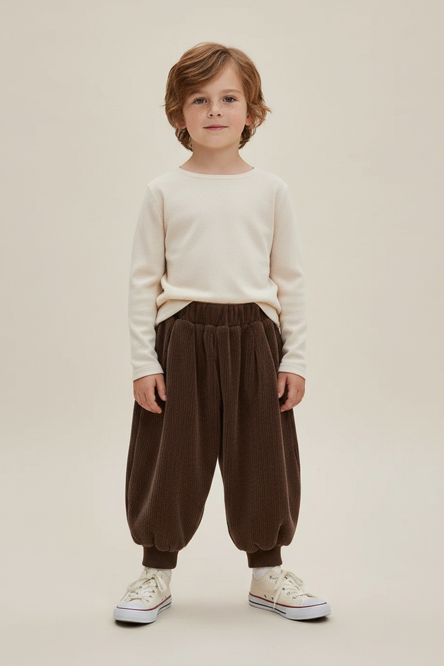 Pantalon Marron Côtelé Hiver Ample Décontracté Enfant - Cordé